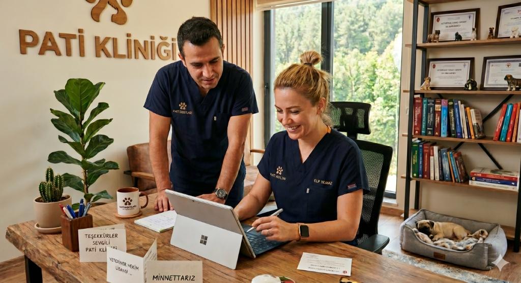 Veteriner Hekim klinik sahibi belgeleri inceliyor ve sisteme kayıt oluyor
