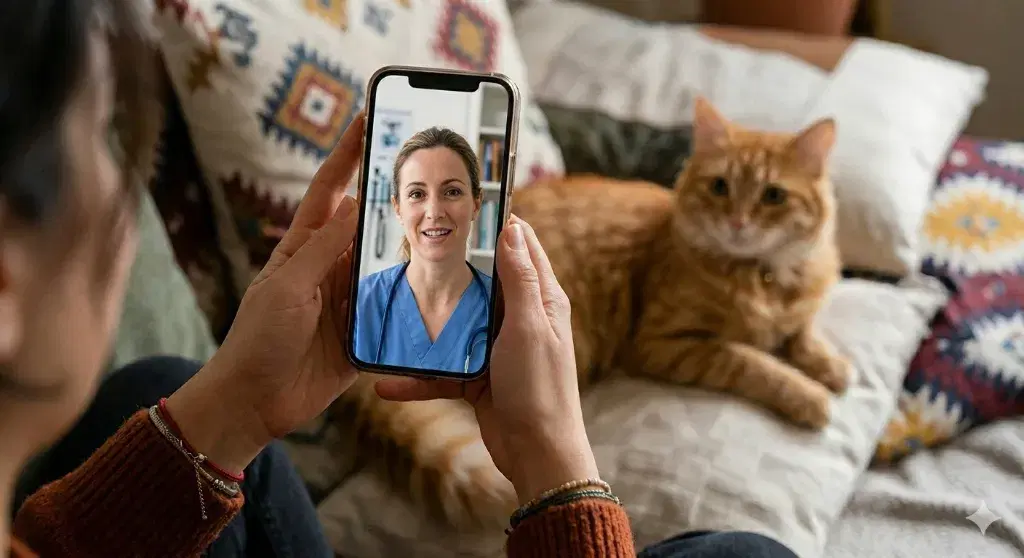 Kedisinin yanında telefondan veteriner hekimle görüntülü görüşen hayvan sahibi