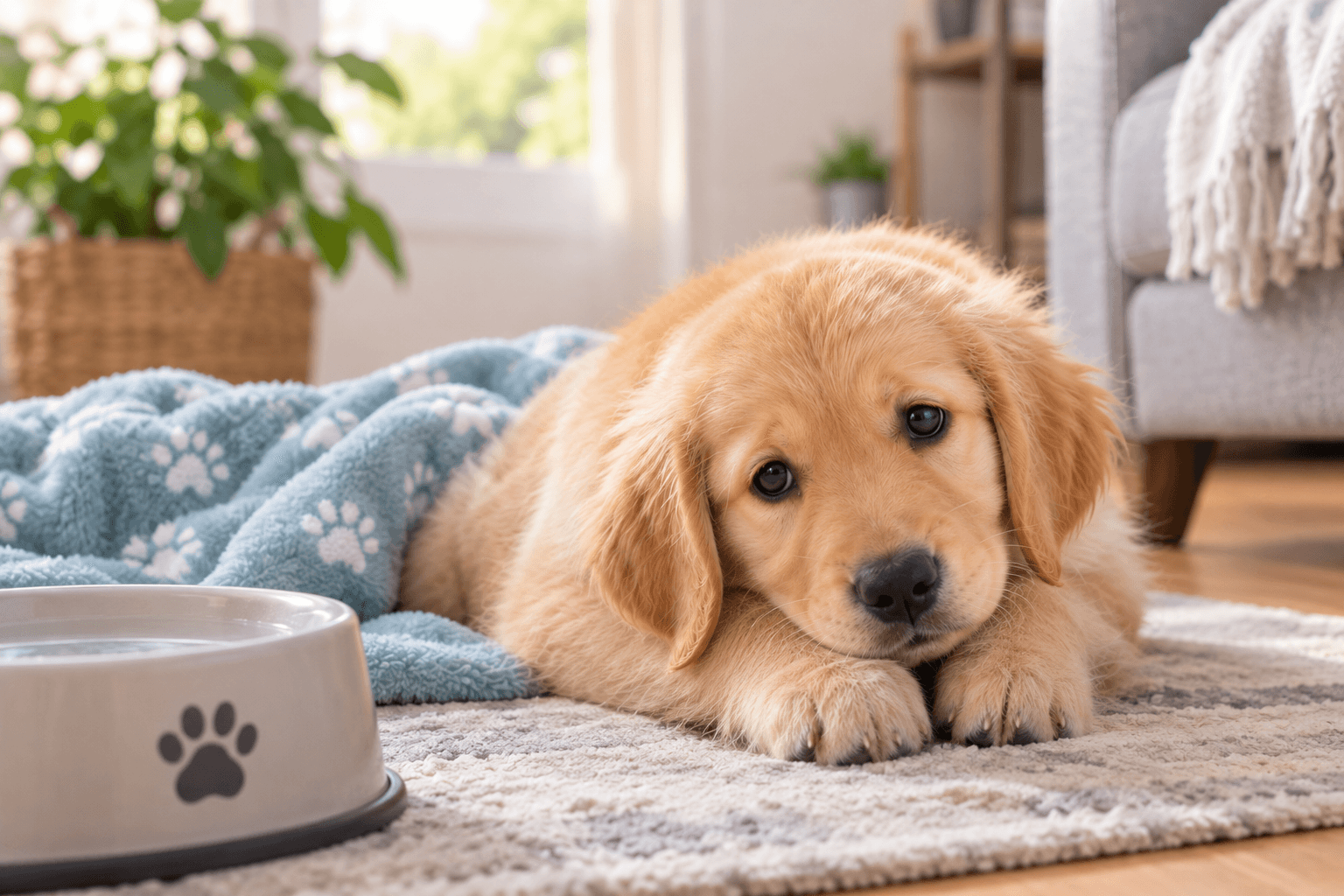 Gri köpek yatağında dinlenen kahverengi köpek